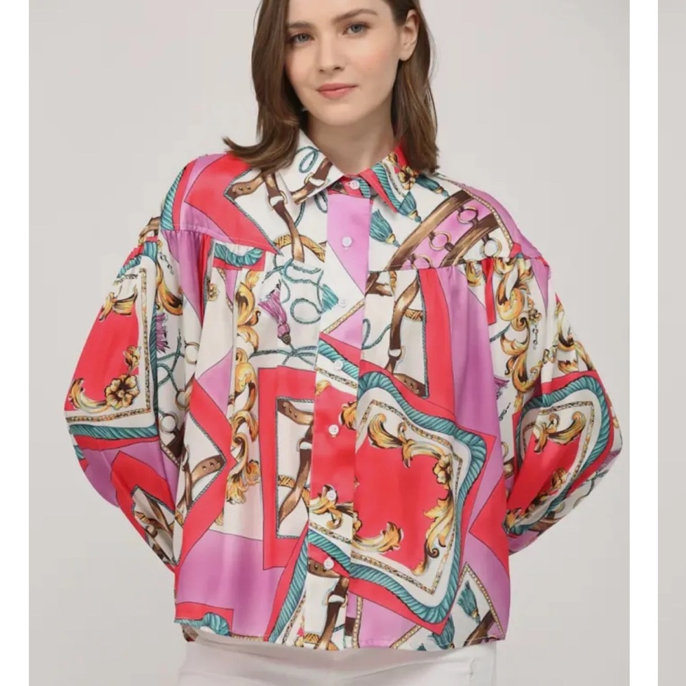 FATE CHAIN & HORSEBIT PRINT BUTTON DOWN BLOUSE NEW